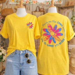 Gildan Yellow Graphic Tee with Colorful Flower Design